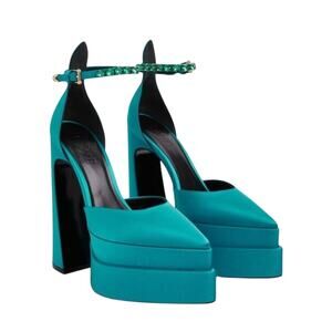 NIB Versace Aevitas 38.5 Pointed Platform Teal Blue Satin Crystal Pumps $1,575